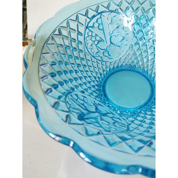 Vintage Aqua Blue Waffle Della Robbia Fruit Panel Glass Punch or Serving Bowl - Picture 7 of 16